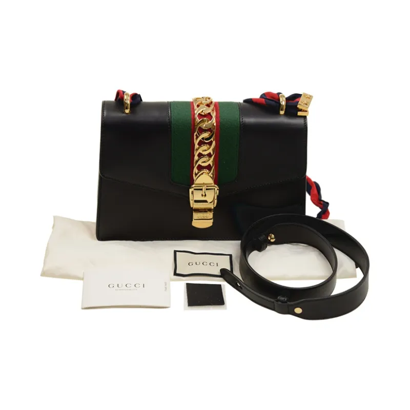 GUCCI Sylvie Leather Handbag, Crossbody Bag, Shoulder Bag Trumpets Women's Black-5