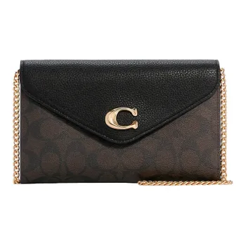 COACH Pebbled Leather Envelope Bag Crossbody Bags Small Size Women's Dark Brown Monogram & Black