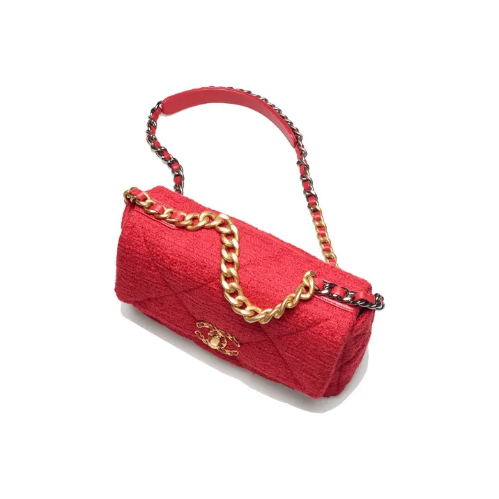 CHANEL 19Bag Tweed Handbag, Shoulder Bag Women's Red-2