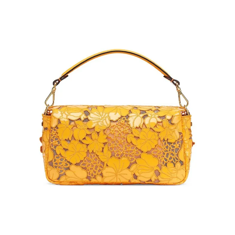 FENDI Baguette Leather Handbag Medium Size Women's Orange-2