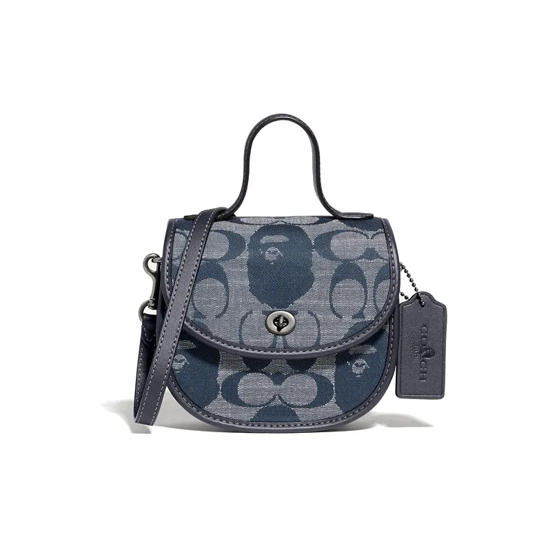 COACH X Bape Collaboration Jacquard Fabric With Leather Handbag, Shoulder Bag, Crossbody Bag Mini Unisex Denim Blue-0