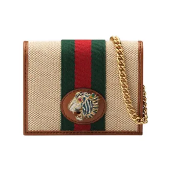 GUCCI Rajah Canvas With Leather Chain Bag Handbag Card Holder Women's Beige/Brown