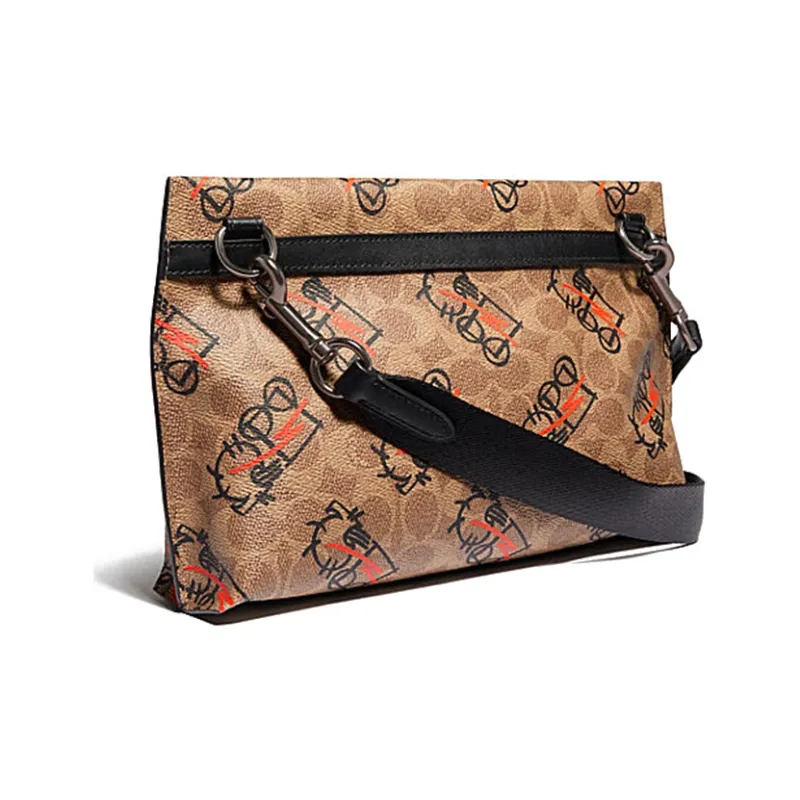 COACH Academy Leather Paneled Canvas Canvas Bag Clutches Medium Size Women's Khaki-1