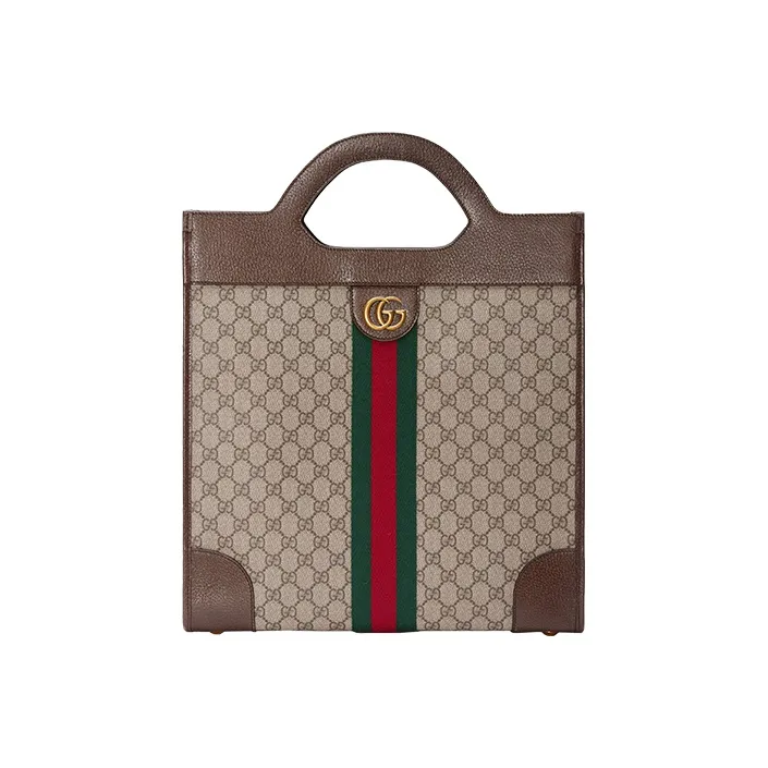 GUCCI Ophidia Canvas With Leather Tote Bag Shopping Bag Handbag Medium Size Unisex Beige/Ebony-0