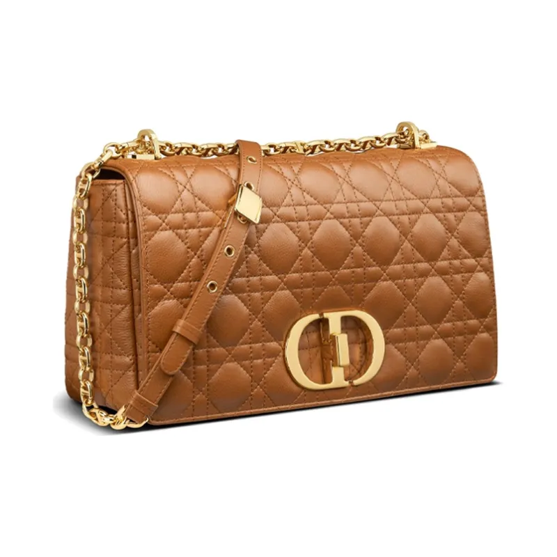 DIOR Caro Plaid Calfskin Shoulder Bag Crossbody Bag Large Size Women's Cognac-3