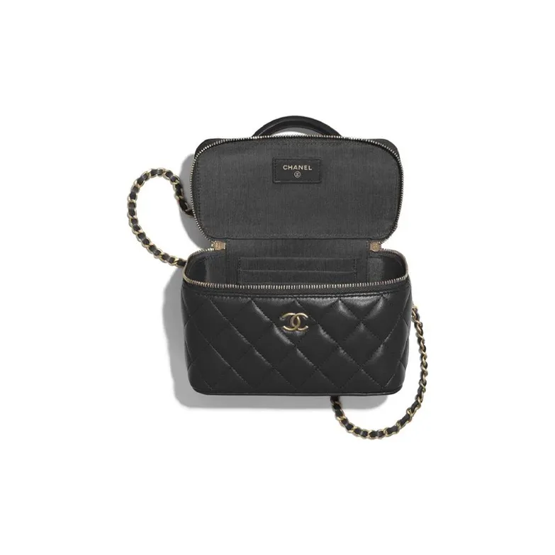 CHANEL Sheepskin Toiletry Bag, Box Bag, Handbag, Shoulder Bag, Crossbody Bag, Mirror Not Included Women's Black-0