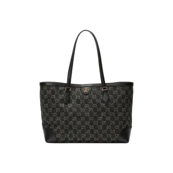 GUCCI Ophidia Denim With Leather Tote Bag, Shopping Bag, Shoulder Bag, Handbag Medium Size Women's Black/Ivory White
