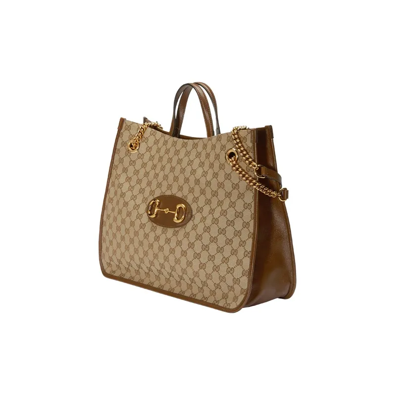GUCCI Canvas With Leather Tote Bag Shopping Bag Shoulder Bag Handbag Large Size Unisex Ebony Brown-1