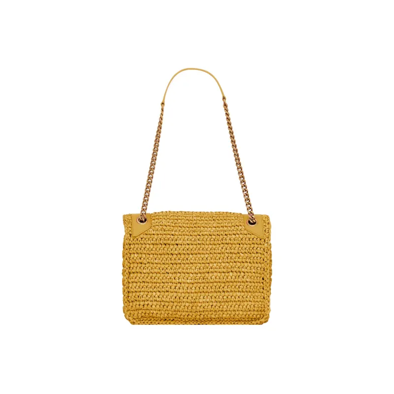 SAINT LAURENT Niki Raffia Mixed Leather Hobo Bag Chain Shoulder Bag Women's Wheat-3