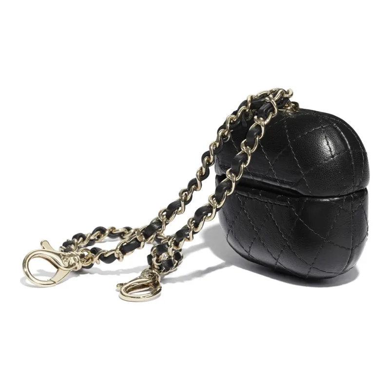 CHANEL Sheepskin And Gold Metal AirPods Pro Headphone Case Clutch Earphone Case Women's Black-3
