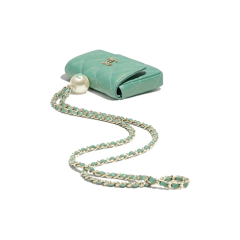 CHANEL Litchi Cow Leather Necklace Pouch Trumpets Women's Green-2