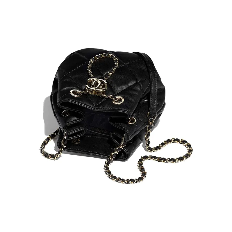 CHANEL Drawstring Sheepskin Drawstring Bag Metal Chain Bag Crossbody Bag Women's Black-2