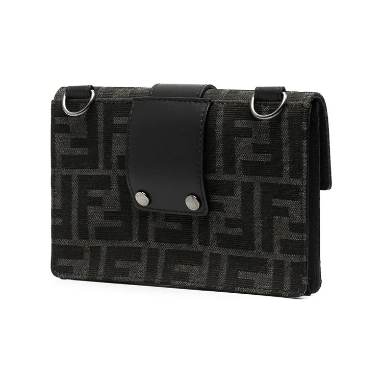 FENDI Jacquard Canvas With Leather Canvas Bag, Baguette Bag, Clutch, Crossbody Bag Regular Men's Black/Dark Gray-3