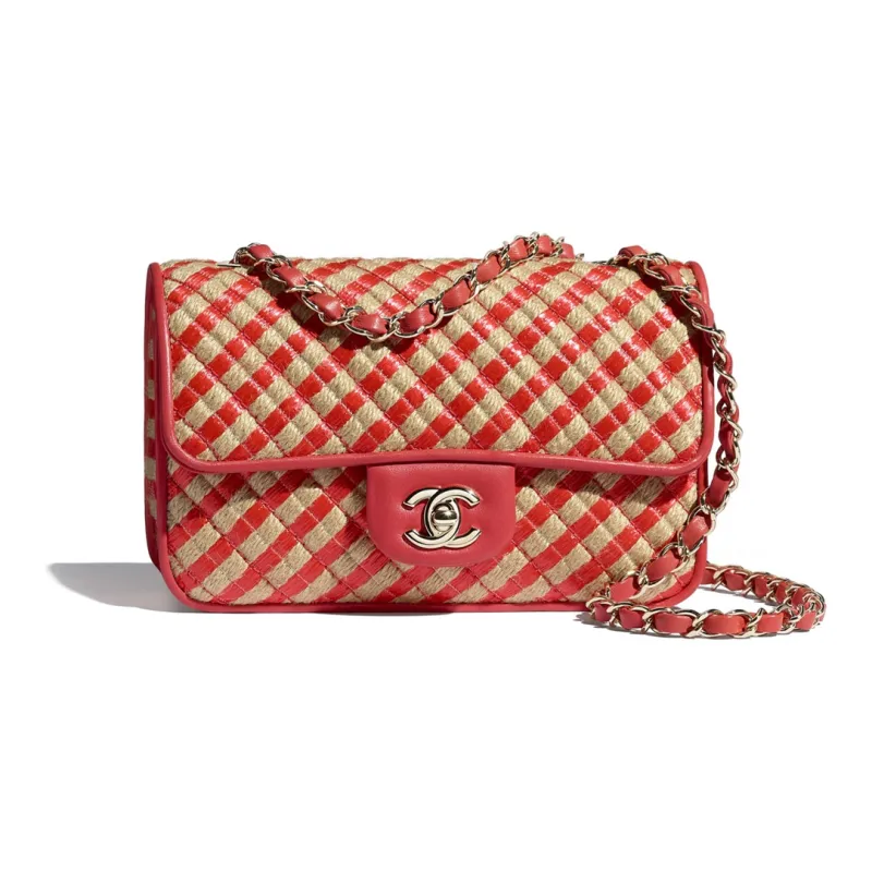 CHANEL Classic Flap CF Raffia Fiber & Metal Crossbody Bag, Shoulder Bag Women's Red-0