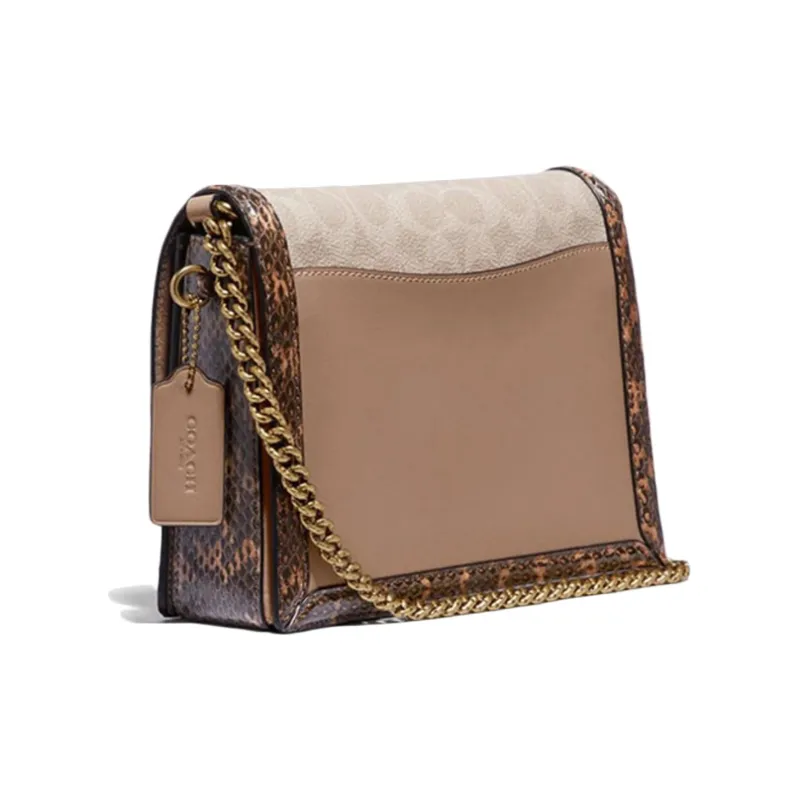 COACH Hutton Leather With Snake Skin With Coated Canvas Small Square Bag Shoulder Bag, Crossbody Bag Women's Brown-1
