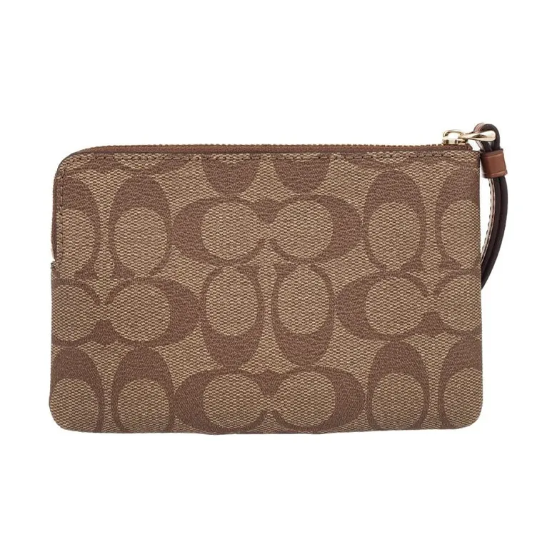 COACH Corner Zip Canvas With Leather Coin Purse Wrist Bag Clutch Small Size Women's Caramel Brown Multicolor-2