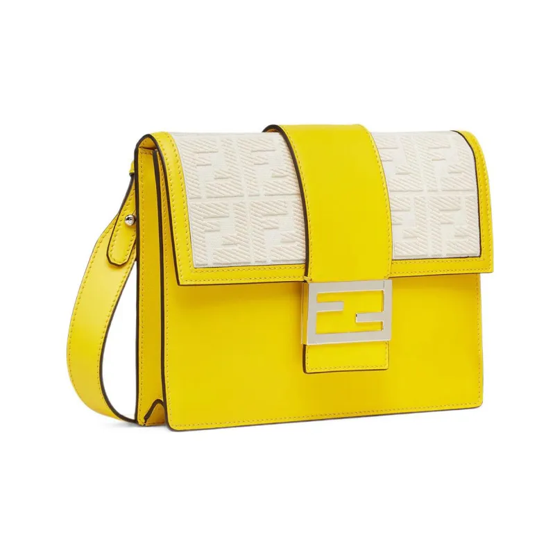 FENDI Baguette Canvas With Leather Baguette Bag, Shoulder Bag, Crossbody Bag Medium Size Men's Bright Yellow/Beige-1