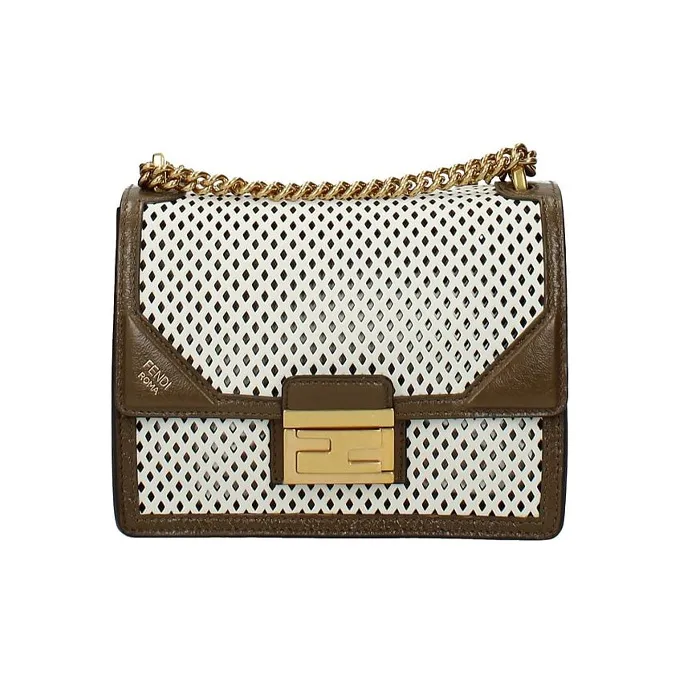FENDI Kan U Leather Shoulder Bag Crossbody Bag Small Size Women's White/Brown-0
