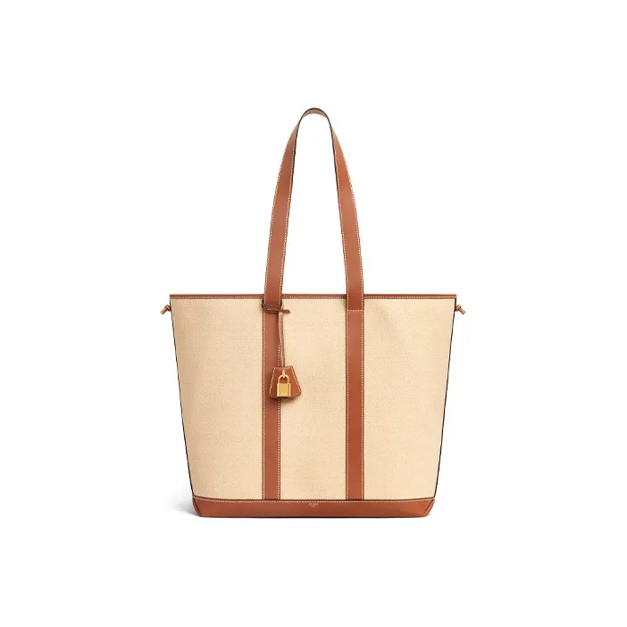 CELINE Cabas Fabric With Leather Tote Bag Shopping Bag Handbag Shoulder Bags Women's Natural Color/Tan-1