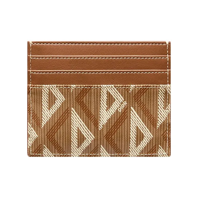 DIOR Smooth Cow Leather Cotton Grey Canvas Card Holder Men's Coffee-1