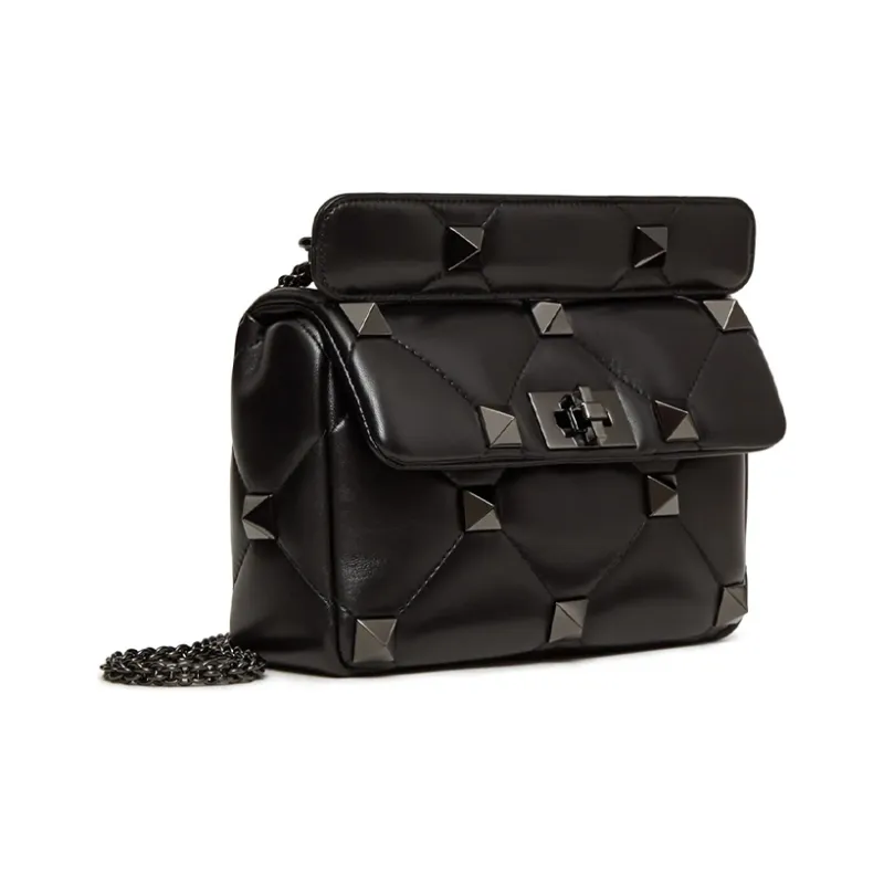 Valentino Roman Stud Sheepskin Handbag Crossbody Bag Shoulder Bag Medium Size Women's Black-1