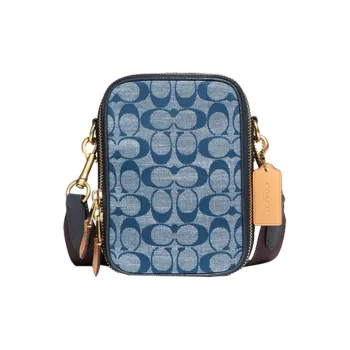 COACH Stanton Canvas With Denim And Leather Shoulder Bag, Crossbody Bag Mini Men's Brass/Denim Blue