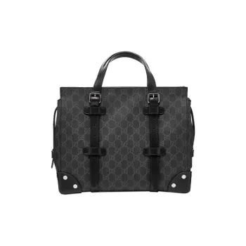 GUCCI GG Canvas With Leather Corner Covered Tote Crossbody Bags Handbags Medium Size Unisex Black