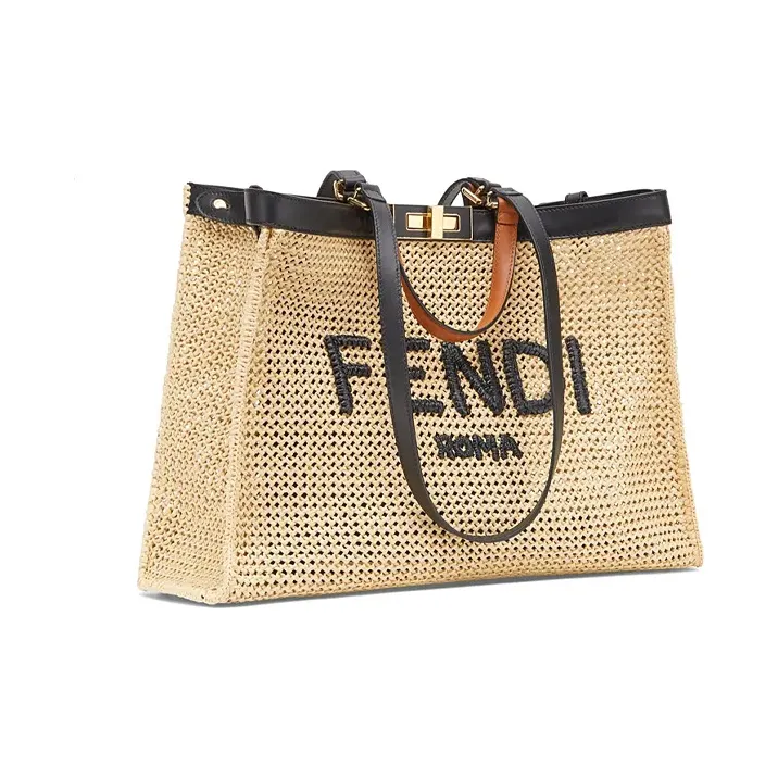 FENDI Peekaboo Woven Raffia Grass With Leather One Shoulder Handbags Medium Size Women's Woven Color-1