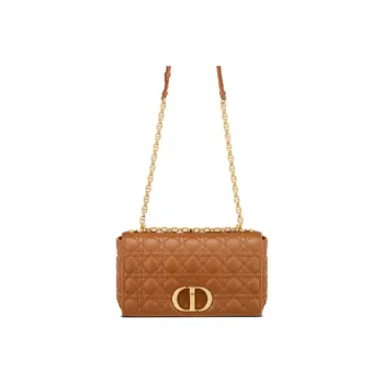DIOR Caro Plaid Calfskin Shoulder Bag Crossbody Bag Large Size Women's Cognac