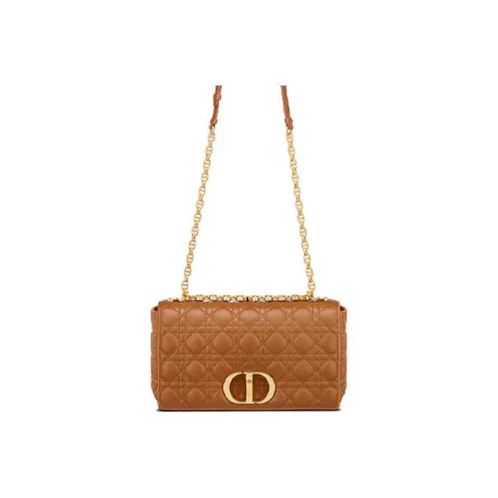 DIOR Caro Plaid Calfskin Shoulder Bag Crossbody Bag Large Size Women's Cognac-0