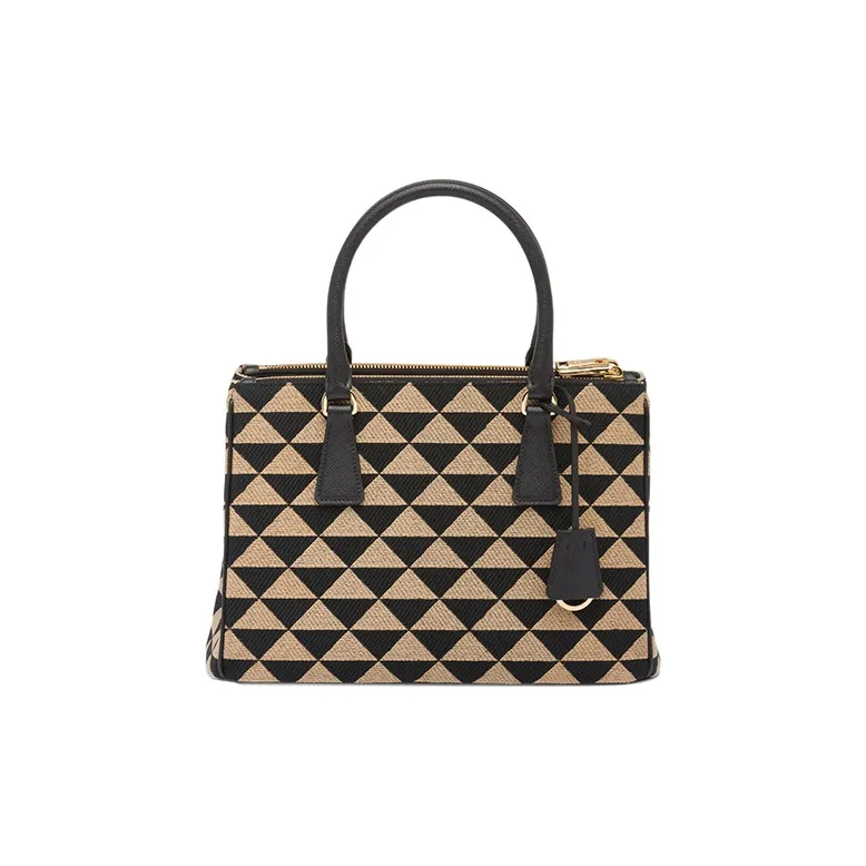 PRADA Galleria Killer Bag Embroidered Fabric Tote Bag Shopping Bag Small Size Women's Black/Beige Yellow-2