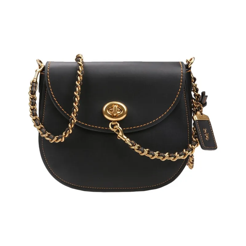 COACH Turnlock Leather Saddle Bag Shoulder Bag Crossbody Bag Small Size Women's Black-0