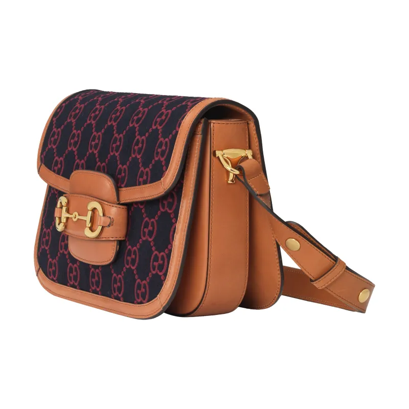 GUCCI Horsebit 1955 Wool Suede One Shoulder Handbag Crossbody Bag Women's Dark Blue/Fuchsia/Brown-1