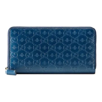 GUCCI Leather Long Zip Closure Wallet With Money Clip Men's Blue
