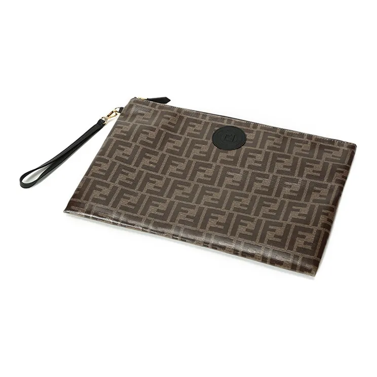 FENDI Cow Leather Clutch Large Size Unisex Brown-3