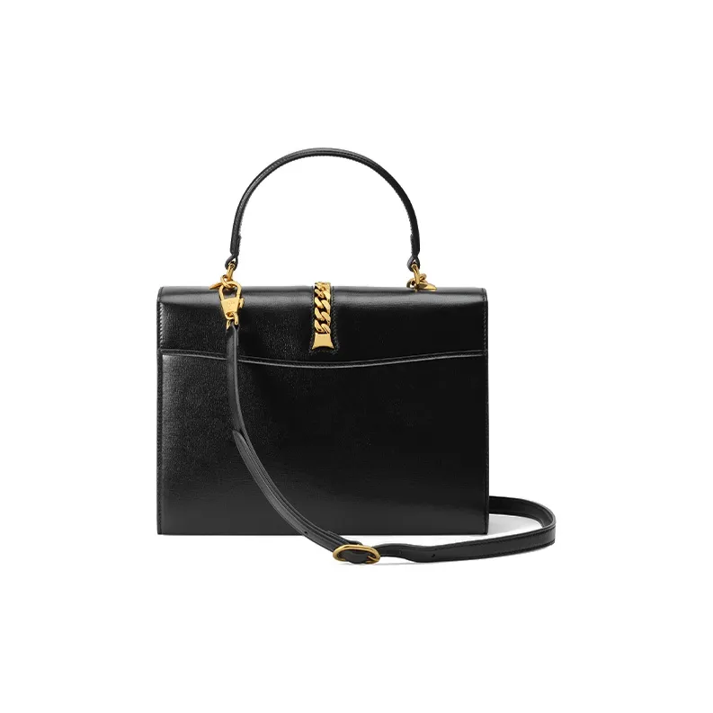GUCCI Sylvie 1969 Leather Shoulder Bag Crossbody Bag Handbag Small Size Women's Black-3