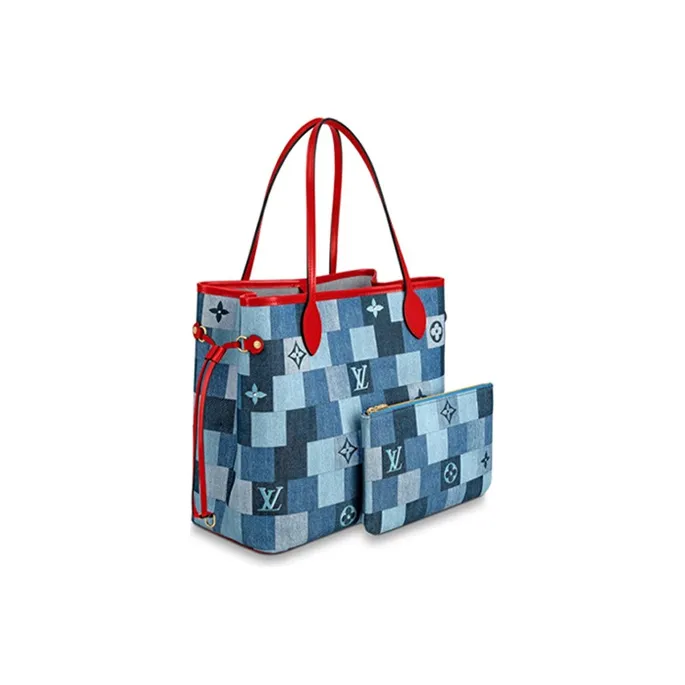 LOUIS VUITTON Neverfull Mm Denim Monogram Check Blue/Red-2