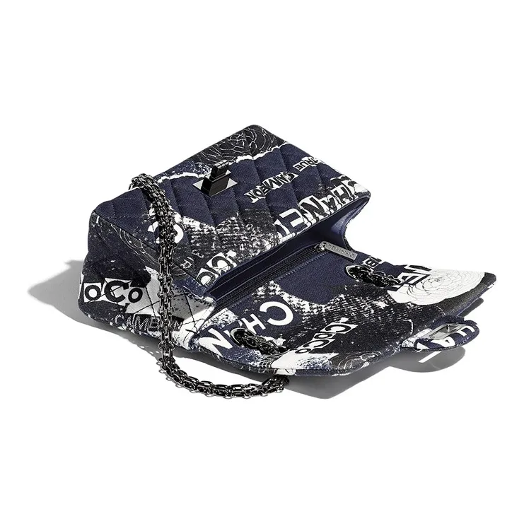CHANEL 2.55 Print Cotton Fabric Mouth Cover Bag, Chain Bag, Crossbody Bag, Shoulder Bag Women's Blue & White-3