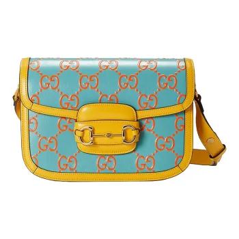 GUCCI Horsebit 1955 Leather Saddle Bag Shoulder Bag Crossbody Bag Handbag Regular Women's Sky Blue Multicolor Yellow