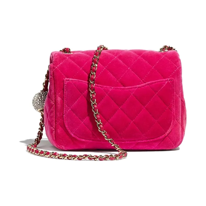 CHANEL Classic Flap CF Small Gold Ball Velour Flap Bag Mini Square Flap Bag Crossbody Bag Shoulder Bag Women's Rose Red-1