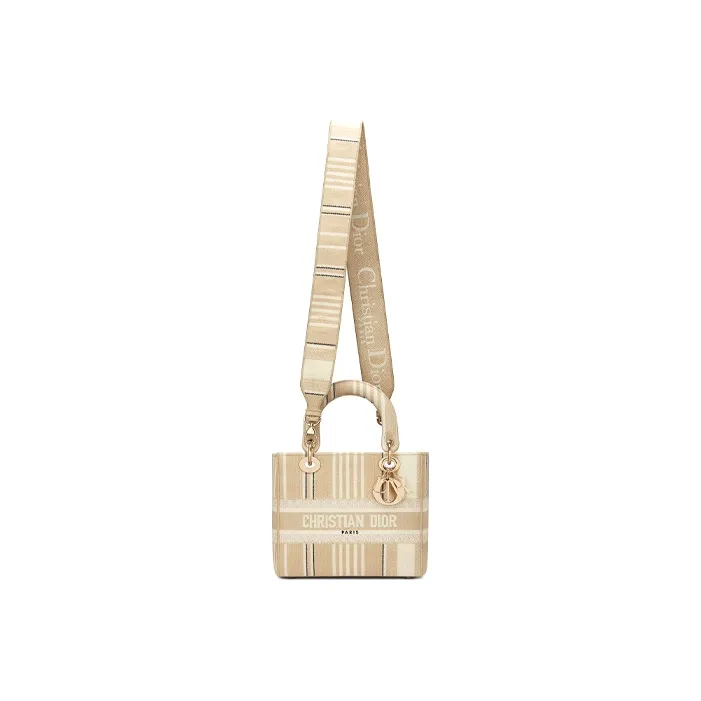 DIOR Lady Dior Striped Embroidered One Shoulder Handbags Medium Size Women's Beige-4