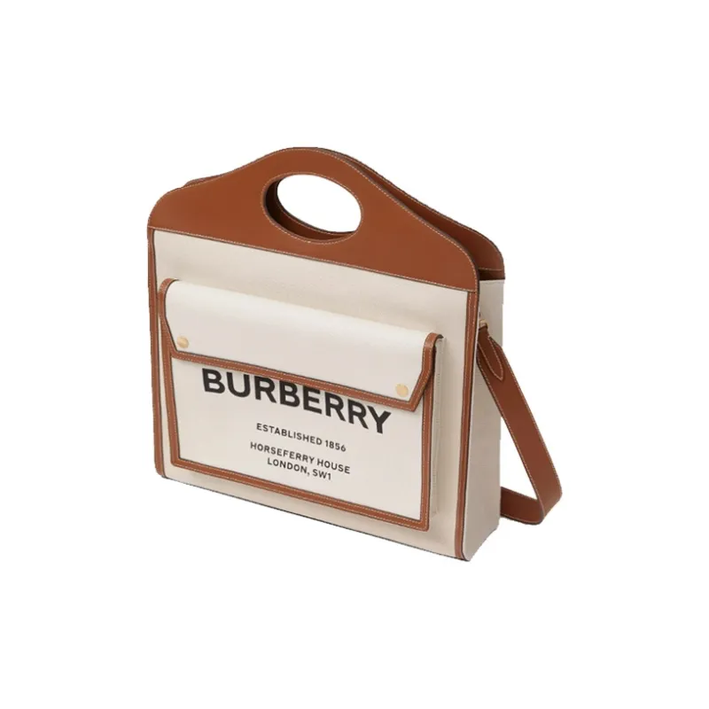 Burberry Pocket Bag Two-Tone Canvas With Leather Shoulder Bag Crossbody Bag Handbag Medium Size Women's Khaki-1
