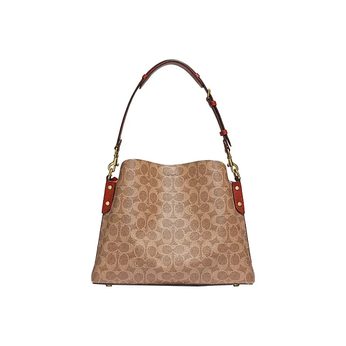 COACH Willow Canvas With Leather Tote Bag, Shopping Bag, Shoulder Bag, Crossbody Bag Tubas Women's Brown Yellow/Rusty-2