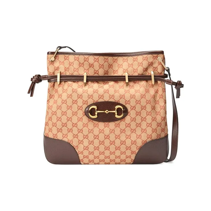 GUCCI Canvas With Leather Messenger Bag, Shoulder Bag, Crossbody Bag Women's Brown & Red & Gold-0