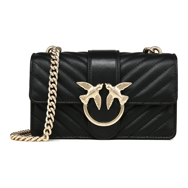 PINKO Quilt Leather Swallow Bag, Handbag, Shoulder Bag, Crossbody Bag Mini Women's Black/Black Gold-0