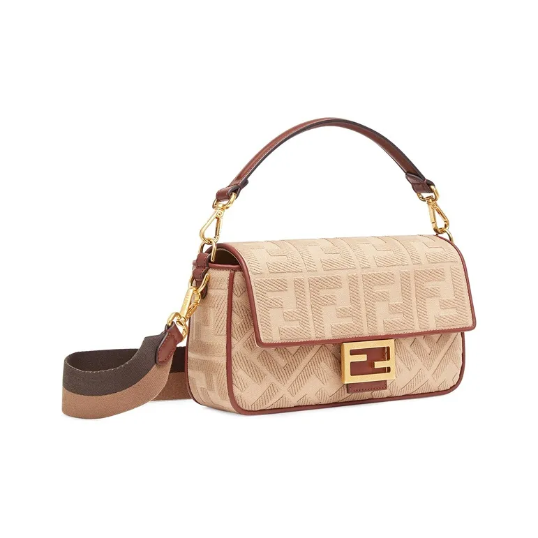 FENDI Baguette Cow Leather Portable Crossbody Bag, Shoulder Bag Medium Size Women's Beige/Brown-1