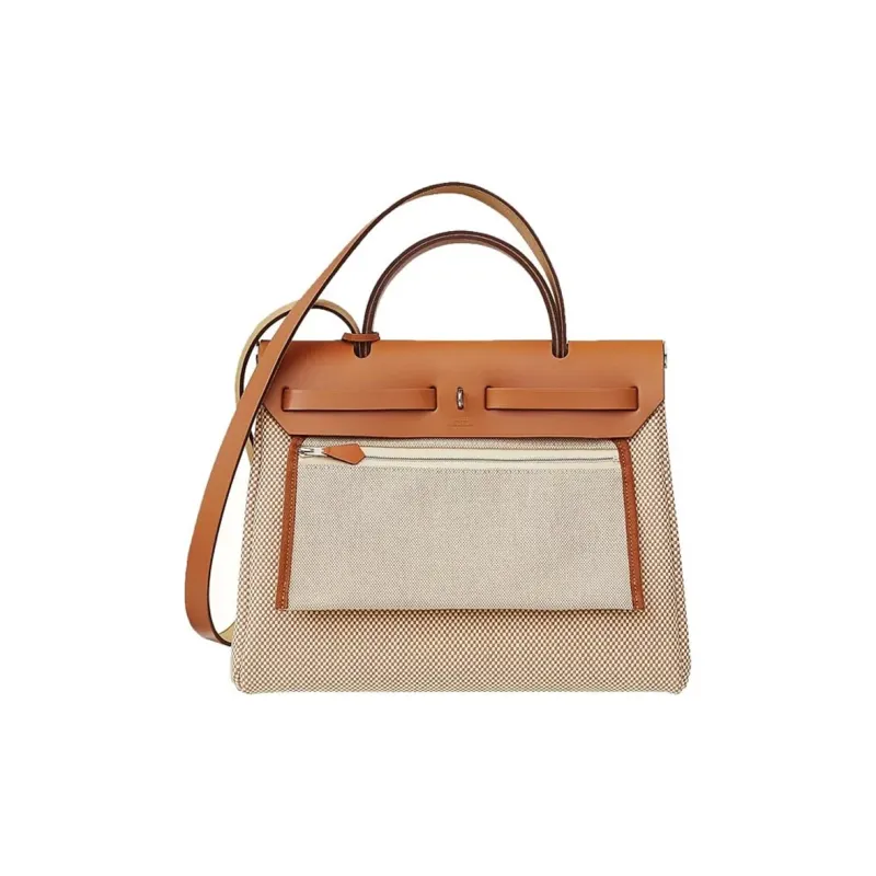 HERMES Herbag Zip Canvas With Leather Handbag, Shoulder Bag, Crossbody Bag Unisex Beige/Natural Color-2