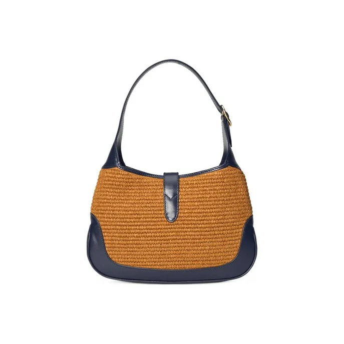 GUCCI Jackie 1961 Fabric With Leather Crescent Shoulder Bag Shoulder Bag Small Size Women's Brown Blue Multicolor-3