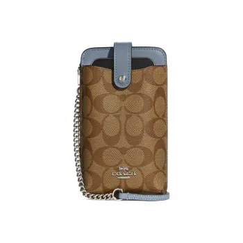 COACH N/S Canvas With Leather Cell Phone Pouch, Crossbody Bag, Shoulder Bag Mini Women's Khaki & Blue