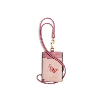 COACH Lanyard Leather Card Holder Women's Pink